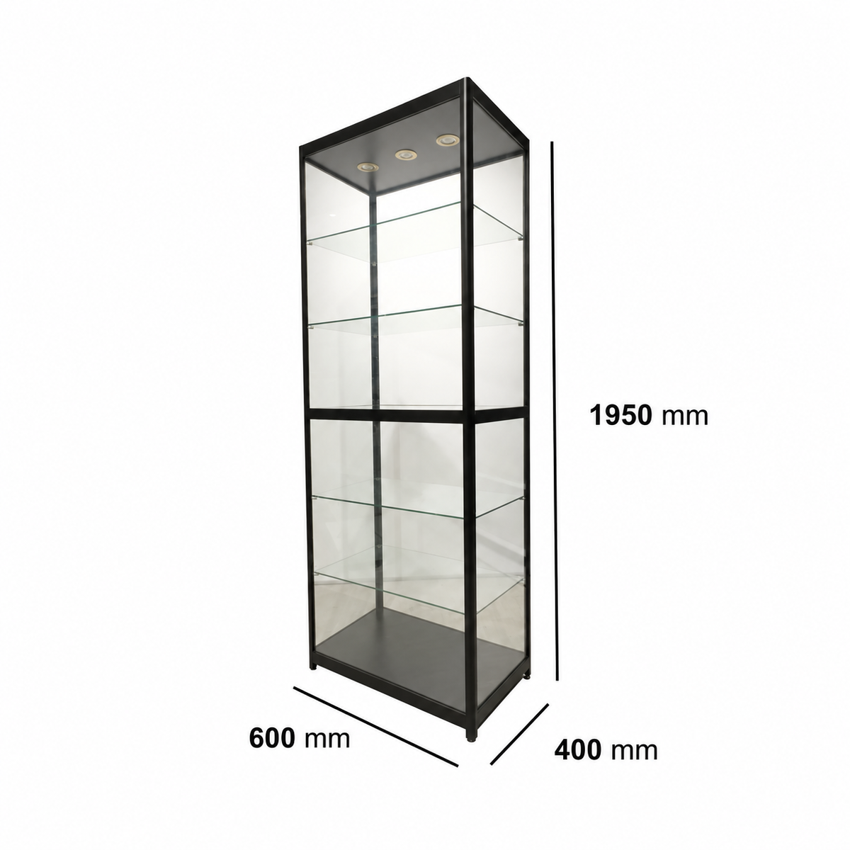 Glass Tower Display Cabinet – Black, 600 mm wide