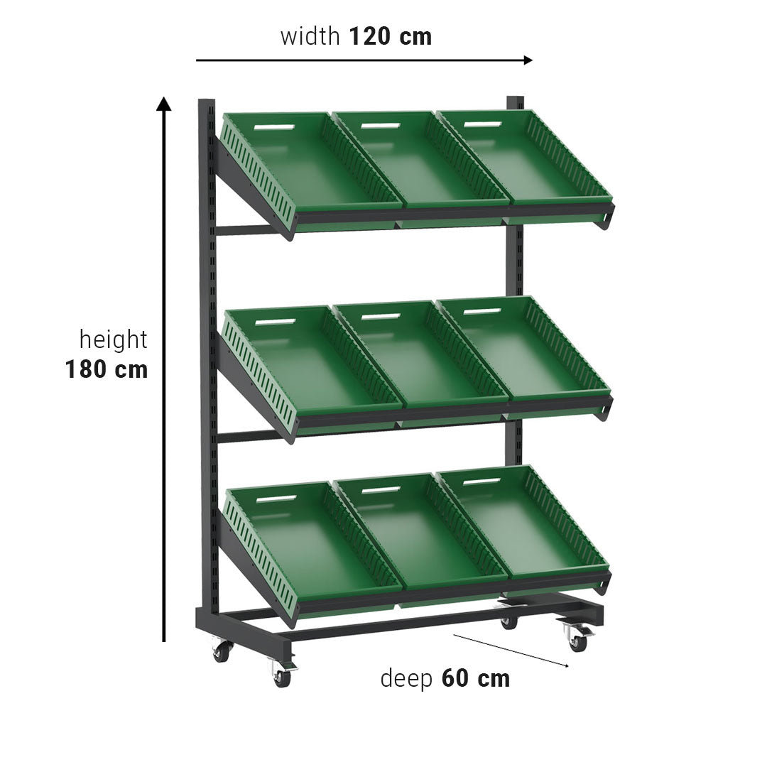 Single Sided Mobile Fruit and Vegetable Display Rack Only Unit (3 Shelves) — view 2