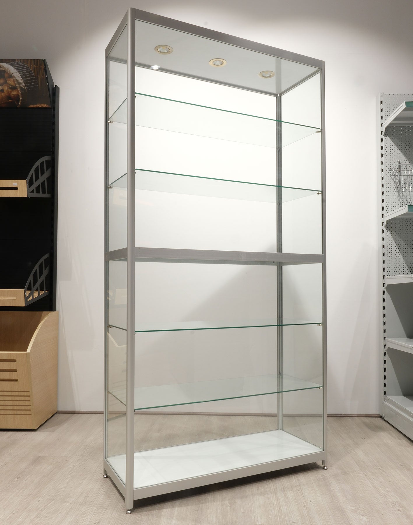 Glass Tower Showcase Display Cabinet Silver