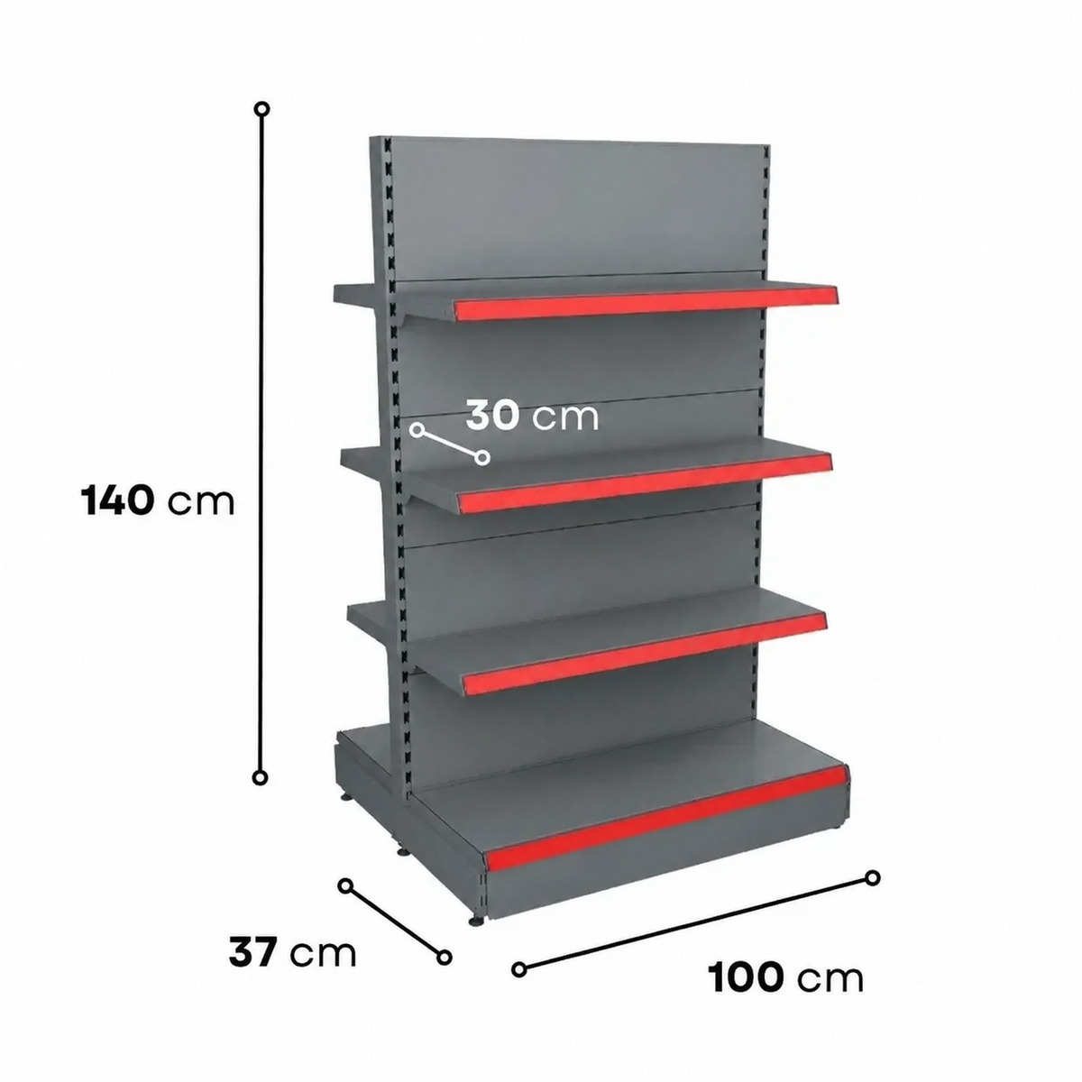 1.4m Double-Sided Gondola Shelving – 370mm Base & 300mm Upper Shelves